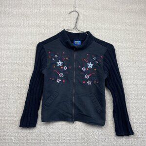Y2K Kaboo Ribbed Knit Sweater Full Zip Jacket Dark Blue Floral Embroidery Sz 5